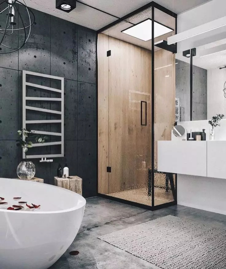 ฝักบัวที่ไม่มีฝักบัวอาบน้ำในห้องน้ำ (57 รูป): การออกแบบและตกแต่งห้องน้ำพร้อมฉากวิญญาณโดยไม่มีห้องโดยสารในบ้านส่วนตัวและอพาร์ตเมนต์ 21400_43
