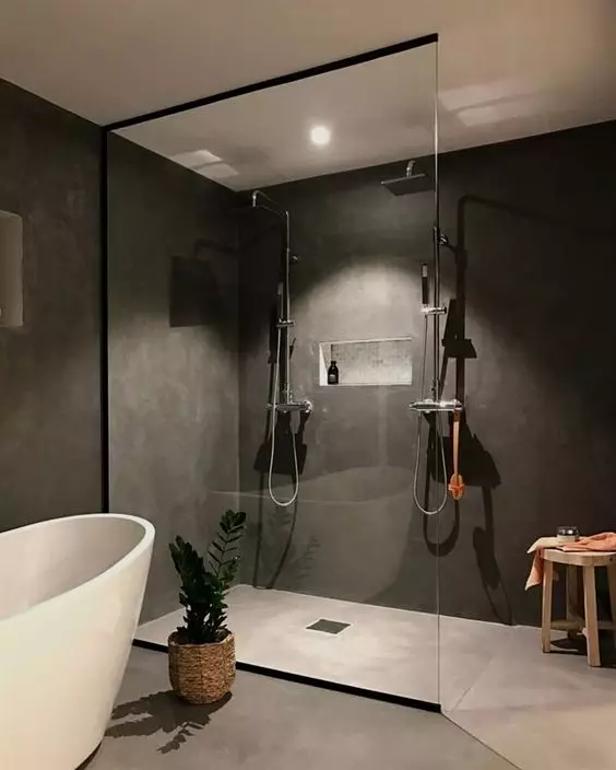 Douche sans douche dans la salle de bain (57 photos): Design et décoration de la salle de bain avec scène de soul sans une cabine dans une maison privée et un appartement 21400_45