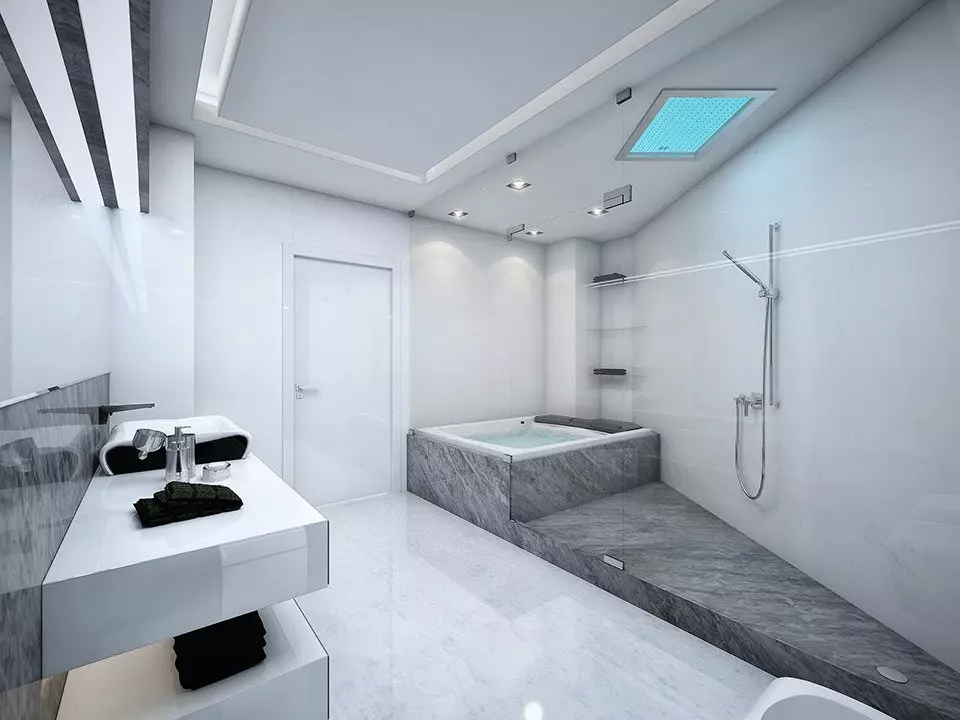 Ceiling ing Kamar Mandi Drywall (38 foto): Apa bisa nindakake suspensi plesterboard langit-langit ing kamar mandi? Pros lan konsep panggunaan 21417_28