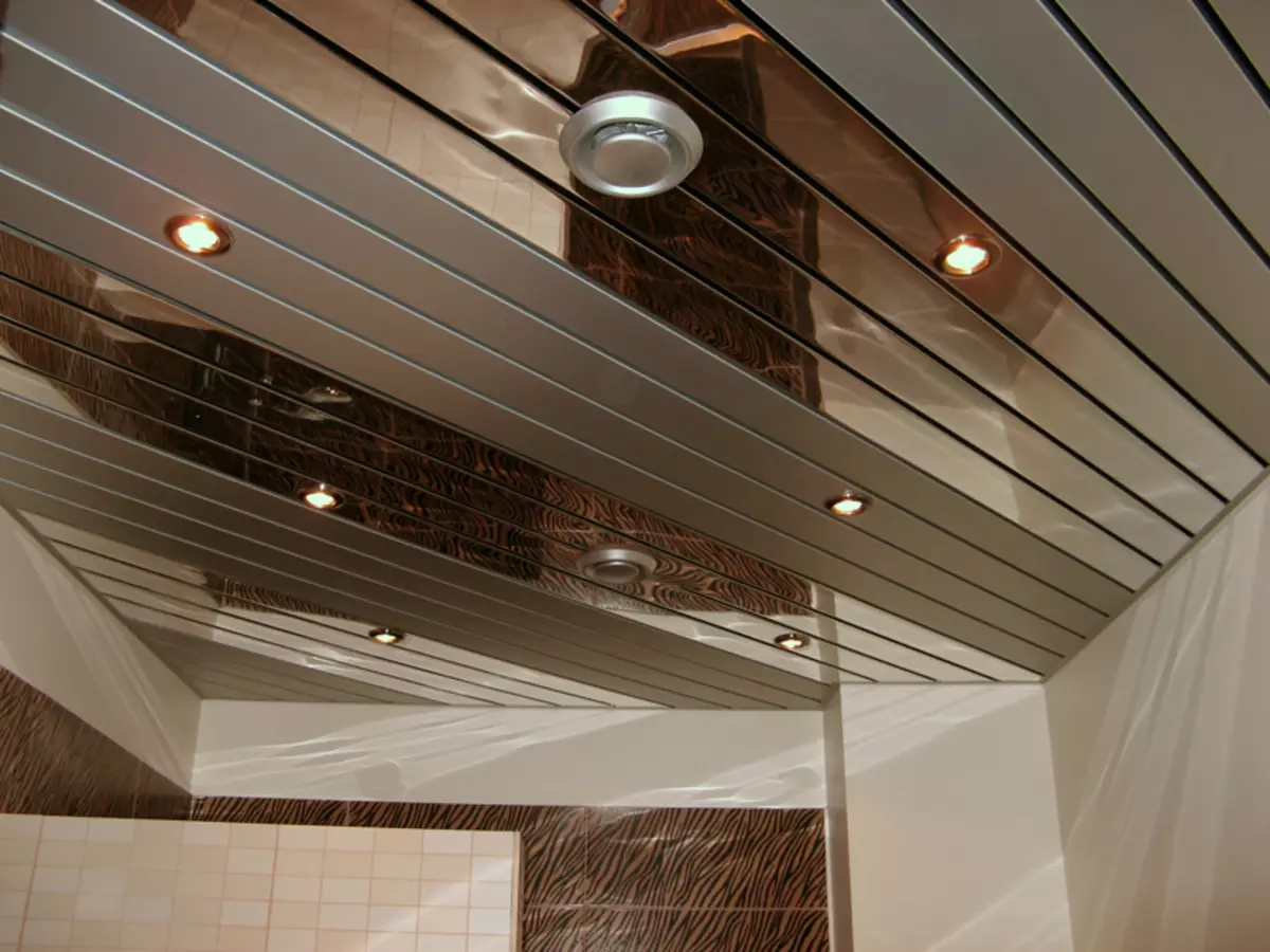 Langit-langit yang ditangguhkan di kamar mandi (53 foto): Dari panel plastik dan jenis langit-langit berengsel lainnya untuk kamar mandi. Contoh indah dengan bola lampu 21418_15