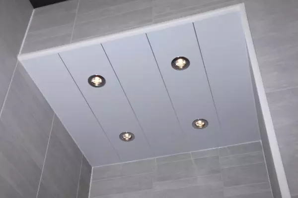 Langit-langit yang ditangguhkan di kamar mandi (53 foto): Dari panel plastik dan jenis langit-langit berengsel lainnya untuk kamar mandi. Contoh indah dengan bola lampu 21418_18