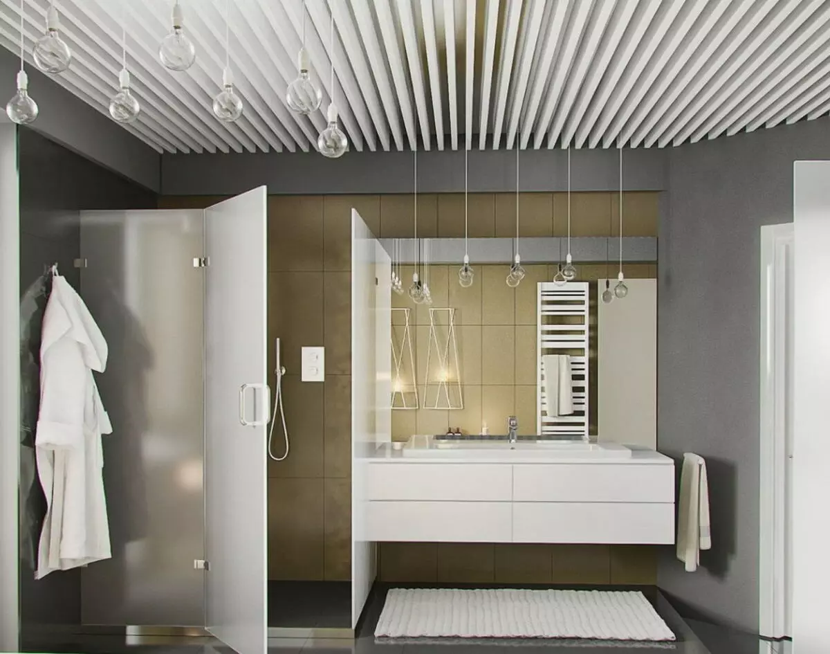Окачени тавани в банята (53 снимки): От пластмасови панели и други видове шарнирни тавани за банята. Красиви примери с електрически крушки 21418_38