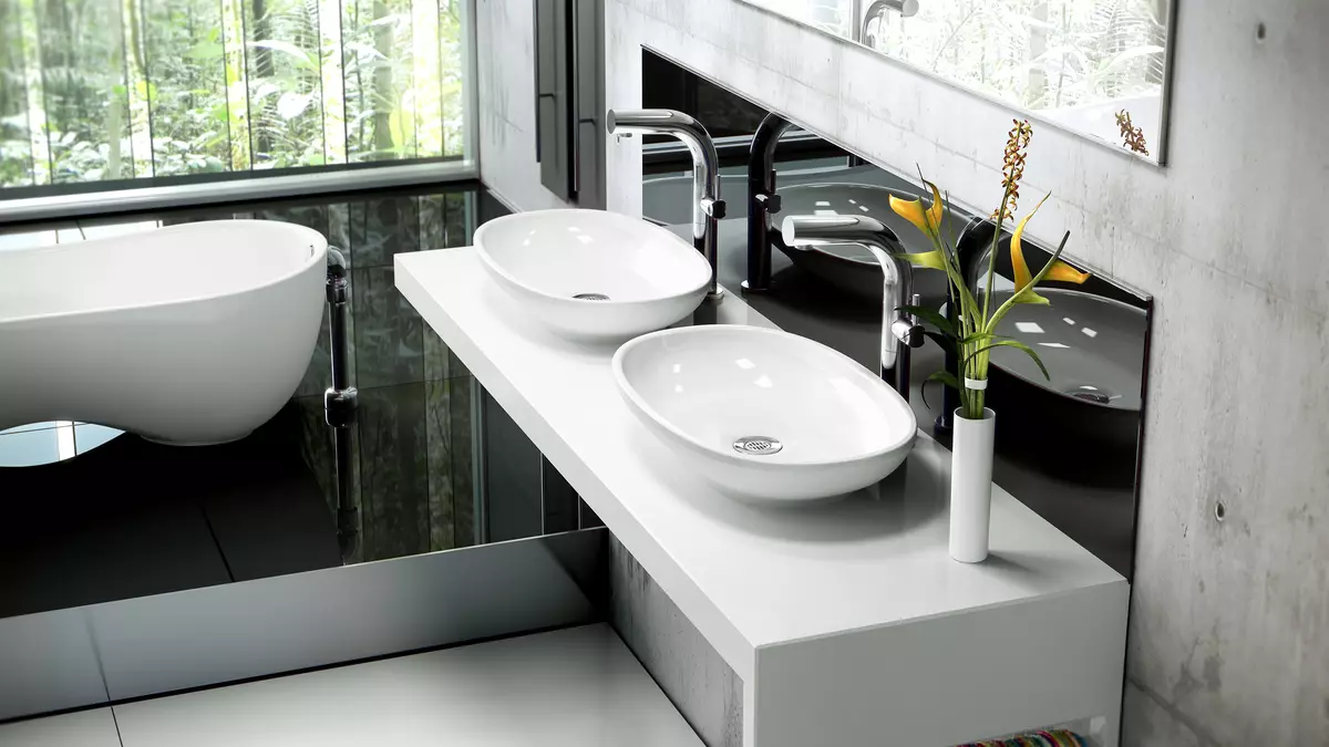 Banyoda asma lavabo: monte edilmiş lavabolar braketi ile 50-60 cm ve bir kesici 55-80 cm yıkama, diğer modeller 21424_45