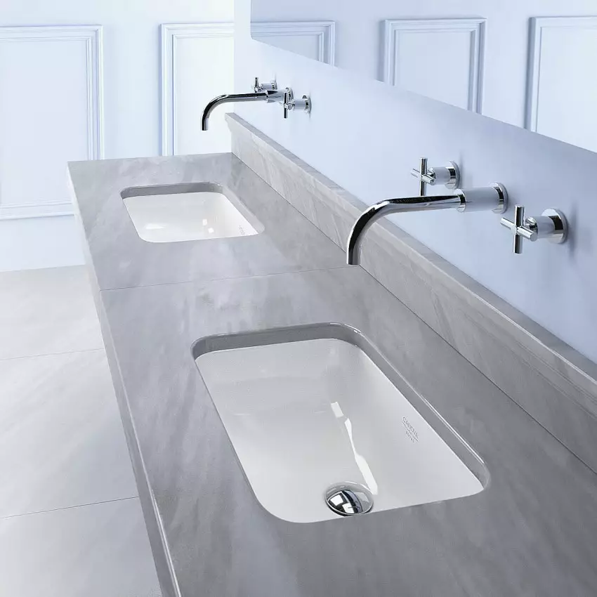 Built-in Sinks di kamar mandi (65 foto): Pilihan cut-in atas dan bawah cangkang di worktop, tinggi 21429_10