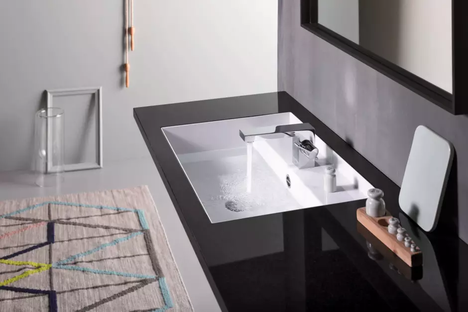 Built-in Sinks di kamar mandi (65 foto): Pilihan cut-in atas dan bawah cangkang di worktop, tinggi 21429_20