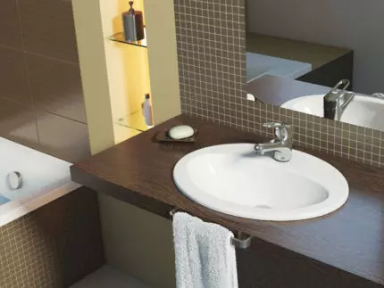 Eingebaute Waschbecken im Badezimmer (65 Fotos): Die Wahl der eingreifenden Ober- und Unterseite der Muscheln in der Arbeitsplatte, Höhe 21429_9