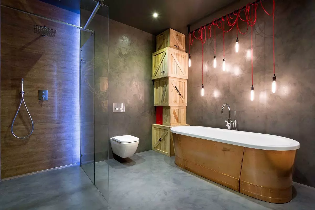 लॉफ्ट बाथरूम (65 फोटो): लिटिल स्क्वायर बाथरूम इंटीरियर डिजाइन, कंक्रीट बाथरूम के लिए फर्नीचर विकल्प 21440_39