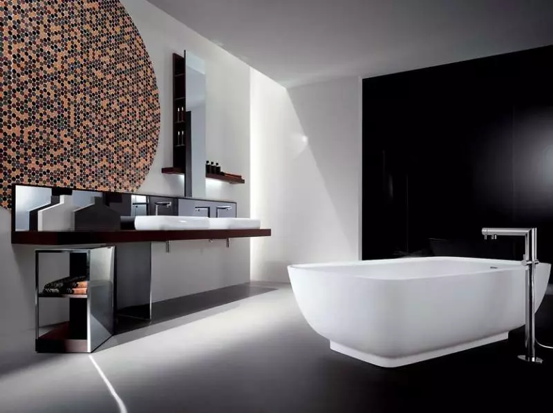 Baño de alta tecnología (62 fotos): un pequeño diseño de habitación en un apartamento de una habitación, elección de muebles y plomería 21442_15
