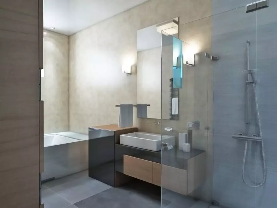 Bilik mandi berteknologi tinggi (62 foto): Reka bentuk bilik kecil di apartmen satu bilik, pilihan perabot dan paip 21442_19