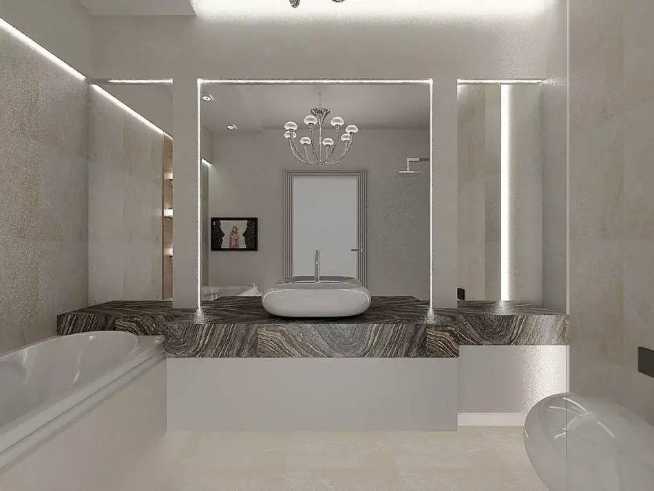 Kõrgtehnoloogiline vannituba (62 fotot): väikese ruumi disain ühe toa korteris, mööbli valik ja torustiku valik 21442_20