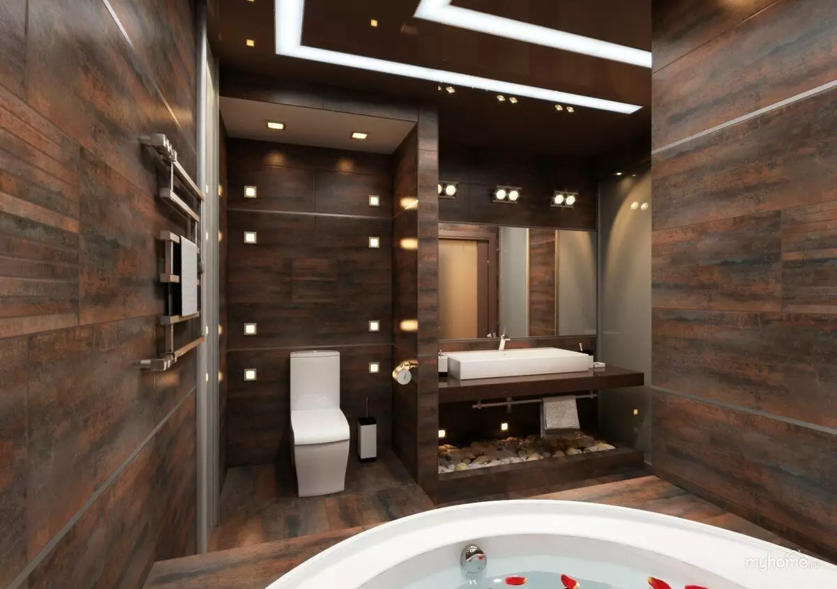 Bilik mandi berteknologi tinggi (62 foto): Reka bentuk bilik kecil di apartmen satu bilik, pilihan perabot dan paip 21442_30