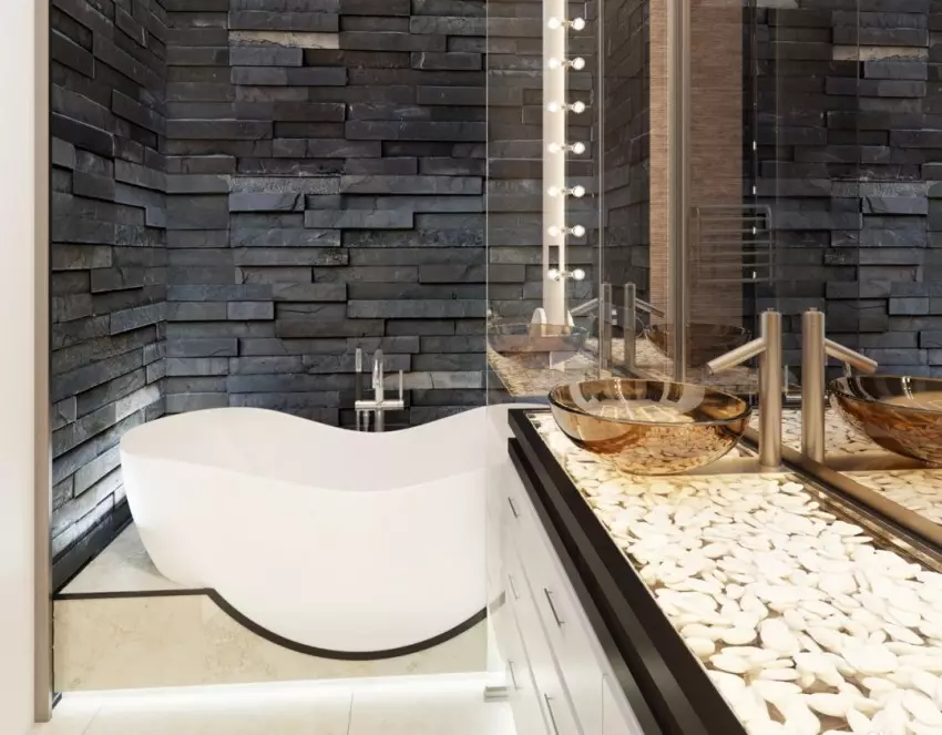 Høyteknologisk bad (62 bilder): Et lite romdesign i en-roms leilighet, utvalg av møbler og rørleggerarbeid 21442_38