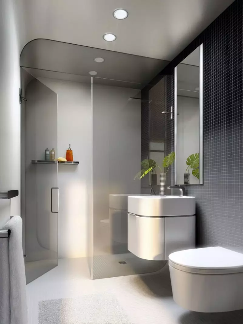 Kõrgtehnoloogiline vannituba (62 fotot): väikese ruumi disain ühe toa korteris, mööbli valik ja torustiku valik 21442_39