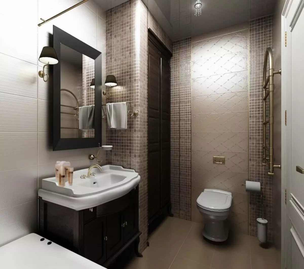 Høyteknologisk bad (62 bilder): Et lite romdesign i en-roms leilighet, utvalg av møbler og rørleggerarbeid 21442_42