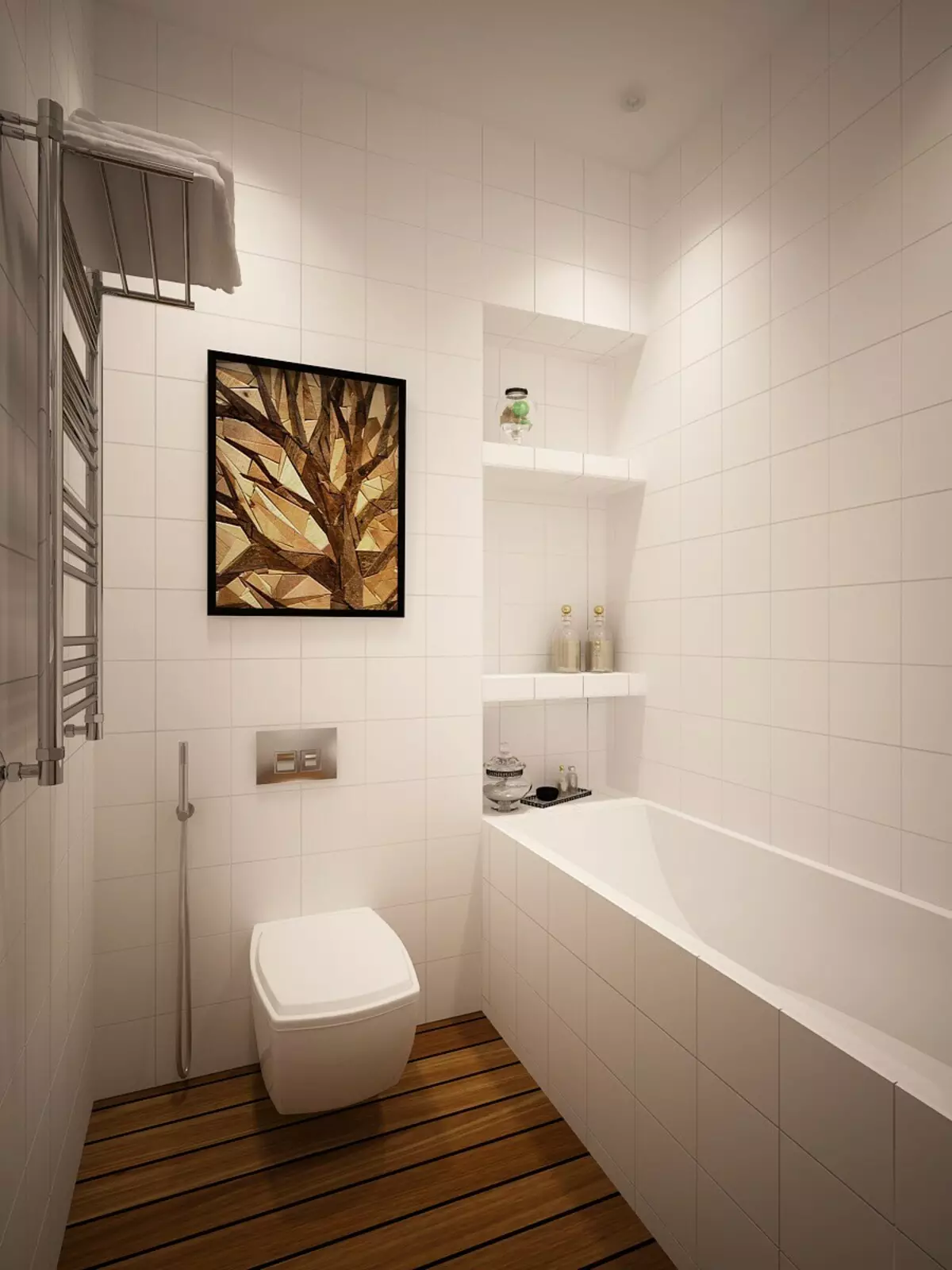 Kamar Tegak Tech (62 Foto): desain ruangan cilik ing apartemen kamar siji, pilihan saka perabotan lan plumbing 21442_43