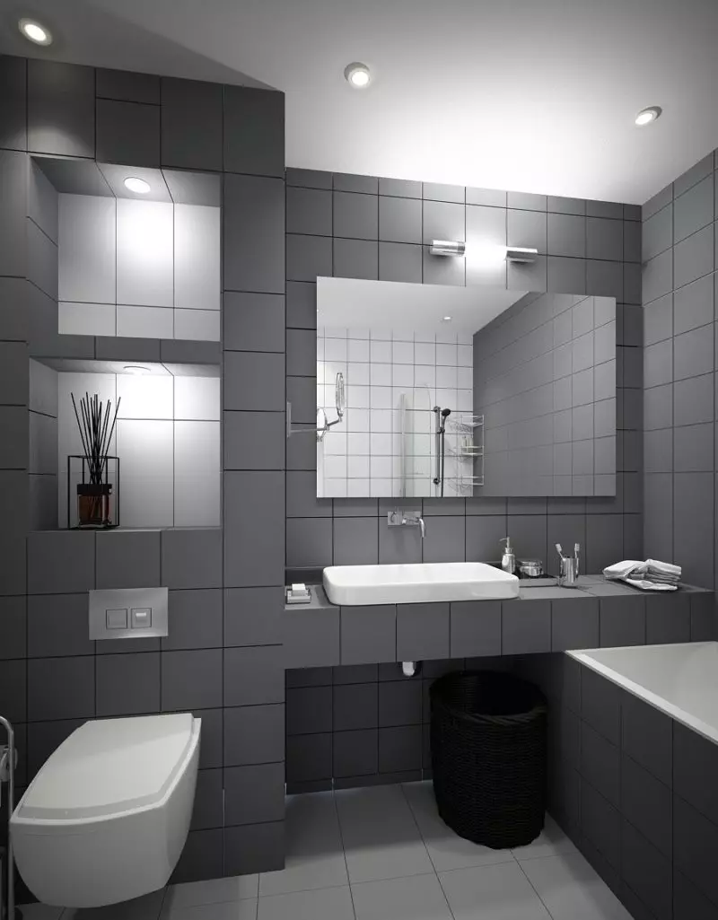 उच्च-टेक बाथरूम (photos2 फोटोहरू): एक कोठा अपार्टमेन्टमा एउटा सानो कोठा डिजाइन, फर्नीचरको छनौट र प्लम्बिंगको छनोट 21442_45