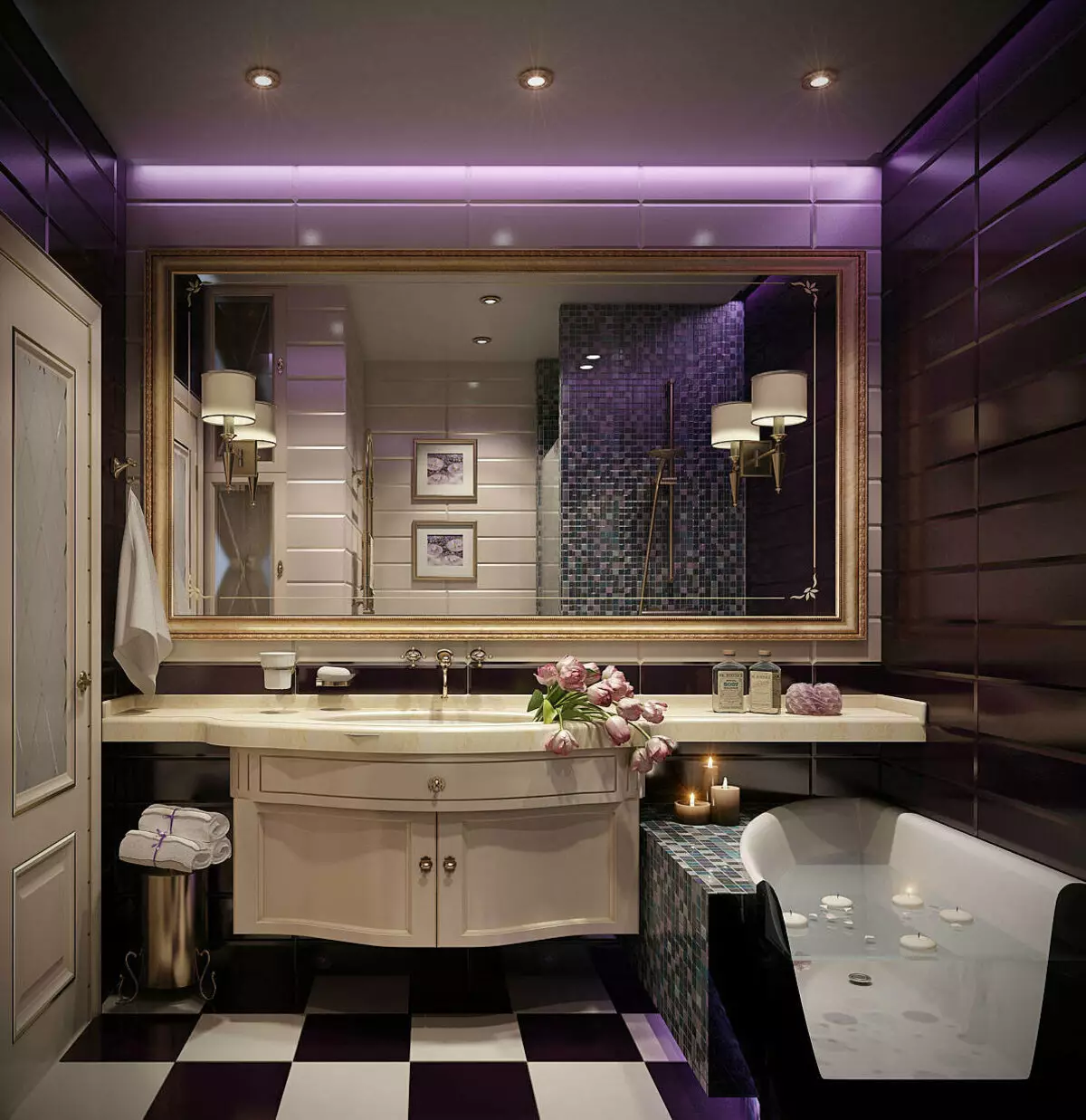 कलाको डिश-शैलीको शैली बाथरूम (phote photos फोटोहरू): बाथरूम सजावट। आन्तरिकका सुन्दर उदाहरणहरू 21443_14