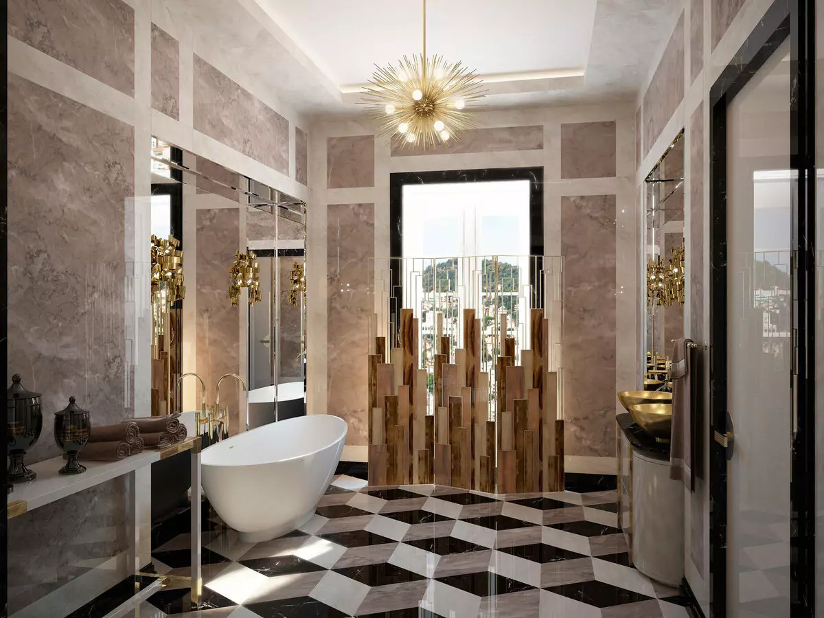 Art deco-style μπάνιο (39 φωτογραφίες): διακόσμηση μπάνιου. Όμορφα παραδείγματα εσωτερικών χώρων 21443_17