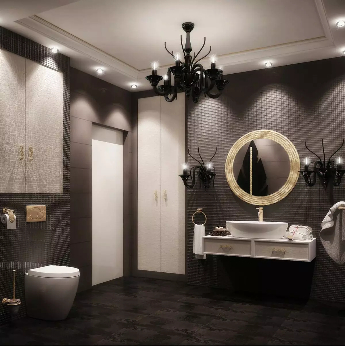 Art deco-style μπάνιο (39 φωτογραφίες): διακόσμηση μπάνιου. Όμορφα παραδείγματα εσωτερικών χώρων 21443_21