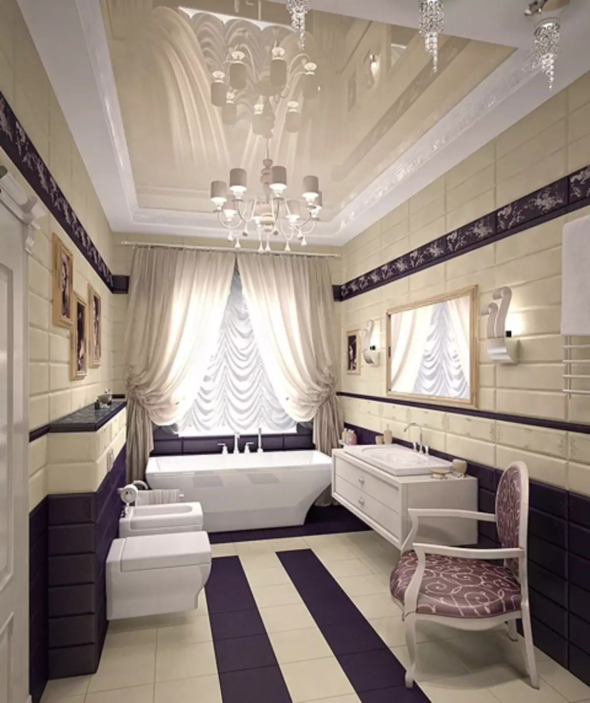 Art Deco стилиндеги ванна (39 сүрөт): ванна жасалгасы. Ички иштеринин сонун үлгүлөрү 21443_9