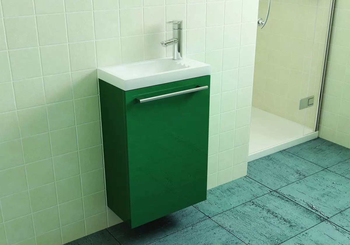 Ít chìm với một cái bàn trong nhà vệ sinh (30 ảnh): Chọn một bồn rửa nhỏ hẹp với bàn cạnh giường ngủ, chậu rửa góc và thẳng với bàn treo 21449_2