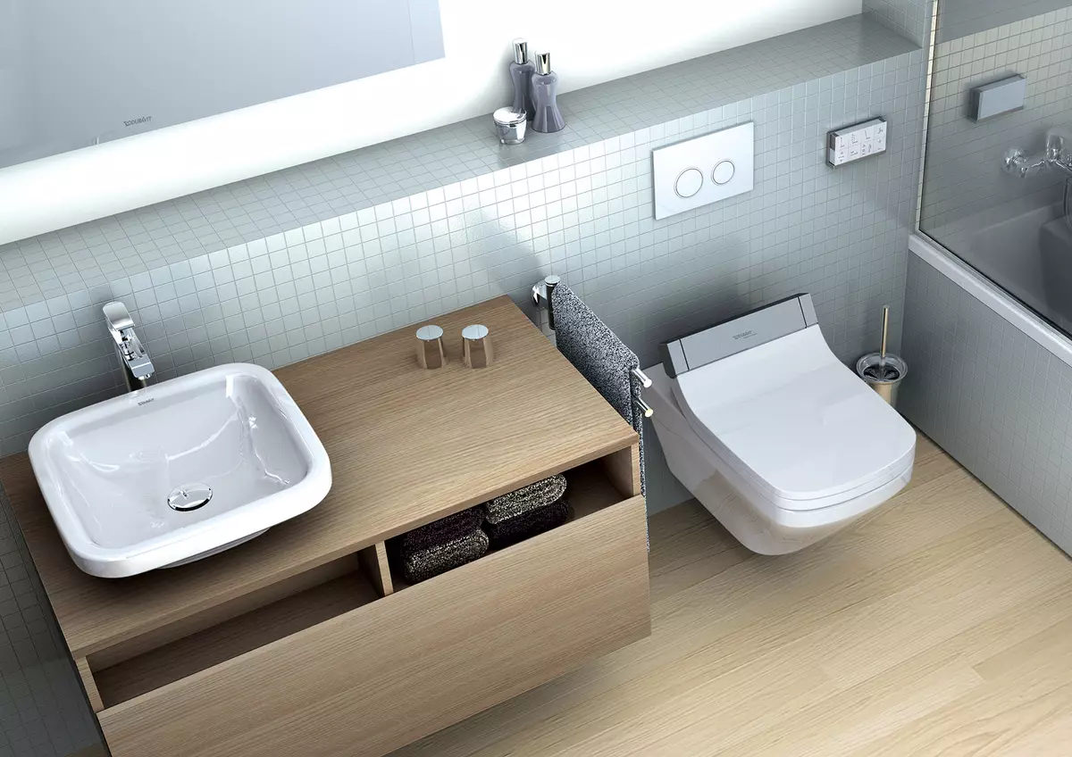 Ít chìm với một cái bàn trong nhà vệ sinh (30 ảnh): Chọn một bồn rửa nhỏ hẹp với bàn cạnh giường ngủ, chậu rửa góc và thẳng với bàn treo 21449_21