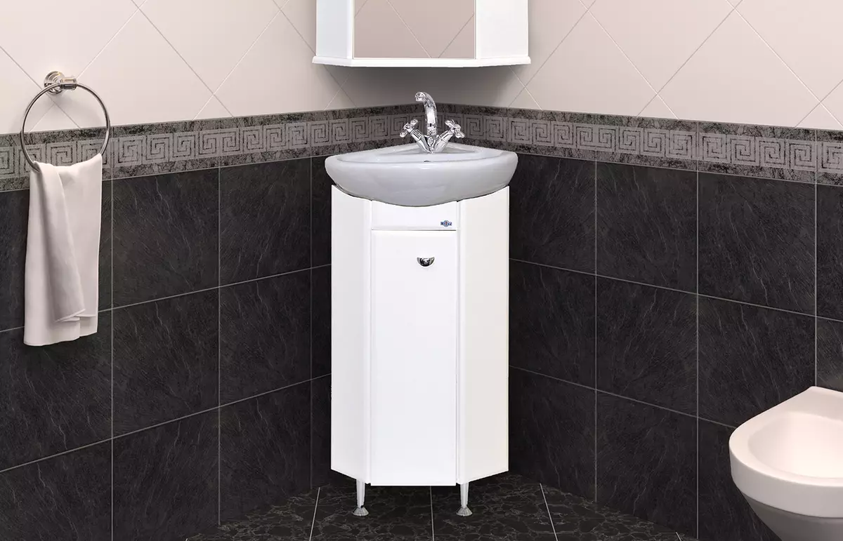 Малку мијалник со маса во тоалетот (30 фотографии): Изберете тесен мини-мијалник со постелнина, аголна и прав мијалник со суспендирана табела 21449_23