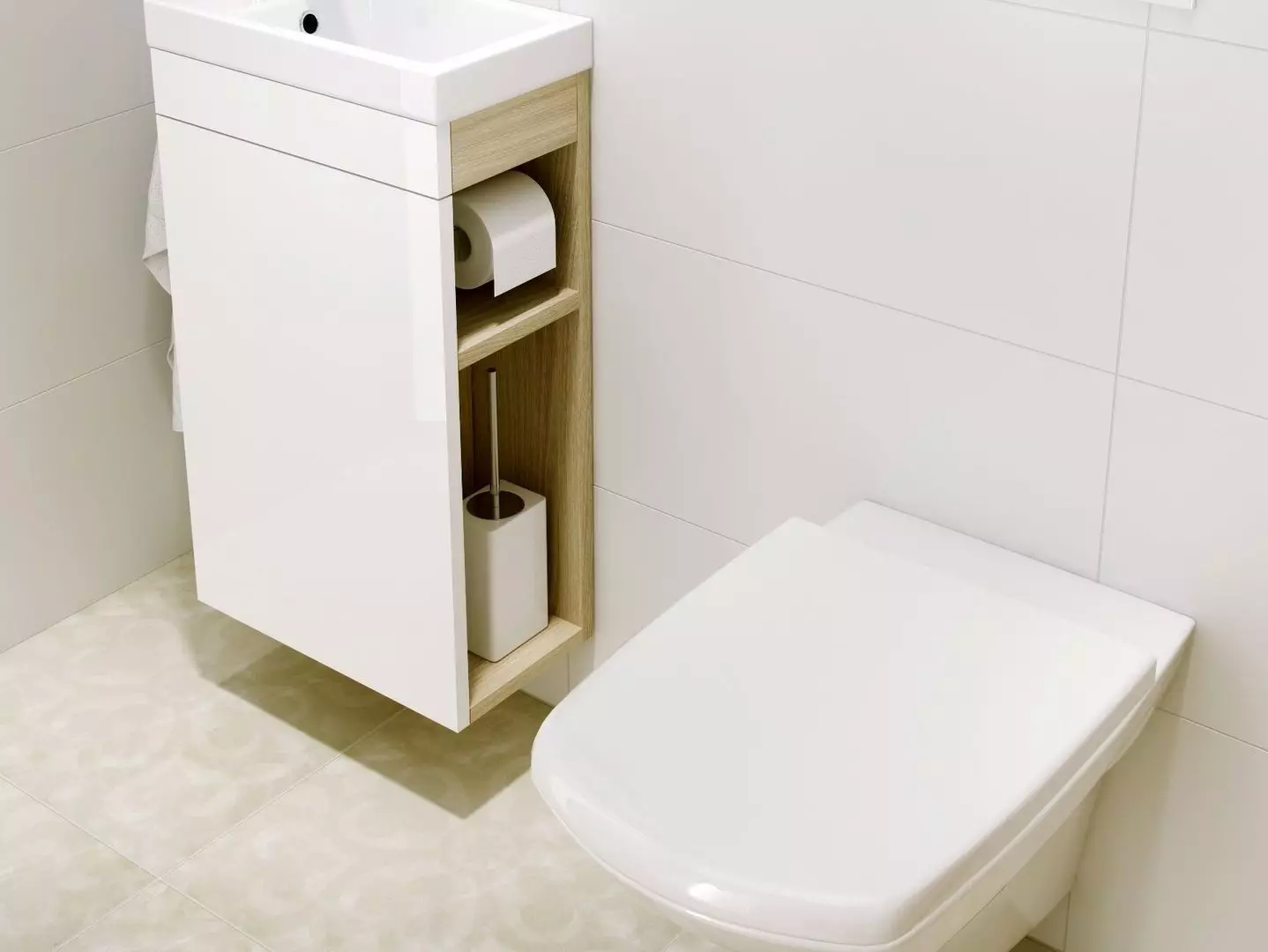 Little sink na may isang table sa toilet (30 larawan): Pumili ng isang makitid na mini-lababo na may bedside table, angular at tuwid na washbasin na may nasuspinde na mesa 21449_4