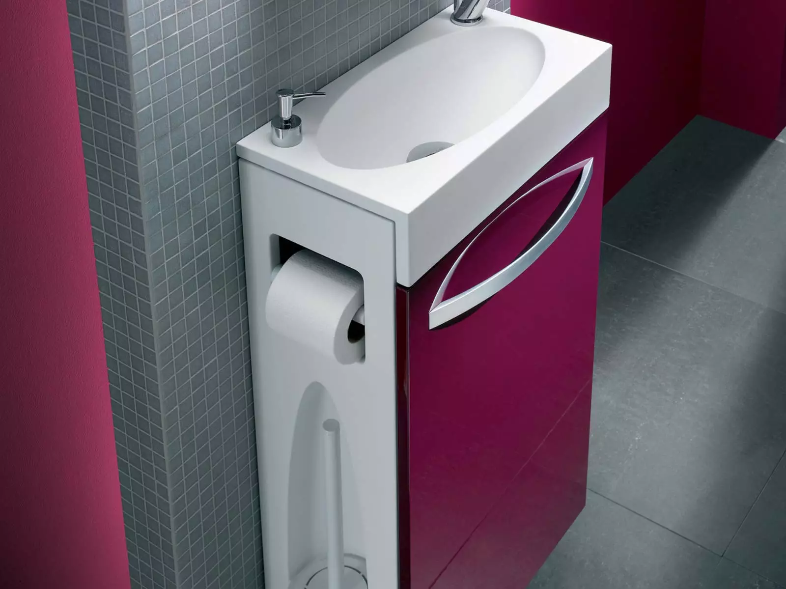 Малка мивка с маса в тоалетната (30 снимки): Изберете тесен мини-мивка с нощно шкафче, ъгловат и направо мивка с условна маса 21449_8