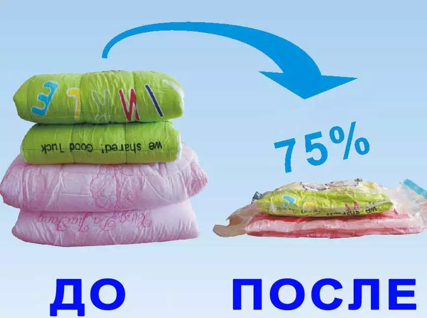 Pakej penyimpanan vakum: pembungkusan saiz besar dan kecil untuk pakaian. Bagaimana menggunakan pakej untuk pembungkus? Ulasan 21510_36