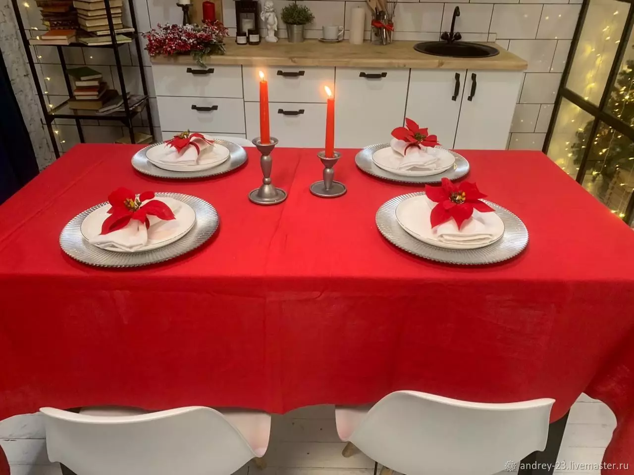 Červené obrusy: na okrúhlom stole 180 cm a obdĺžnikové, v klietke a monochromatické obrusy. Spôsoby podávania. Bielizeň s snehovými vločkami a inými možnosťami 21598_8