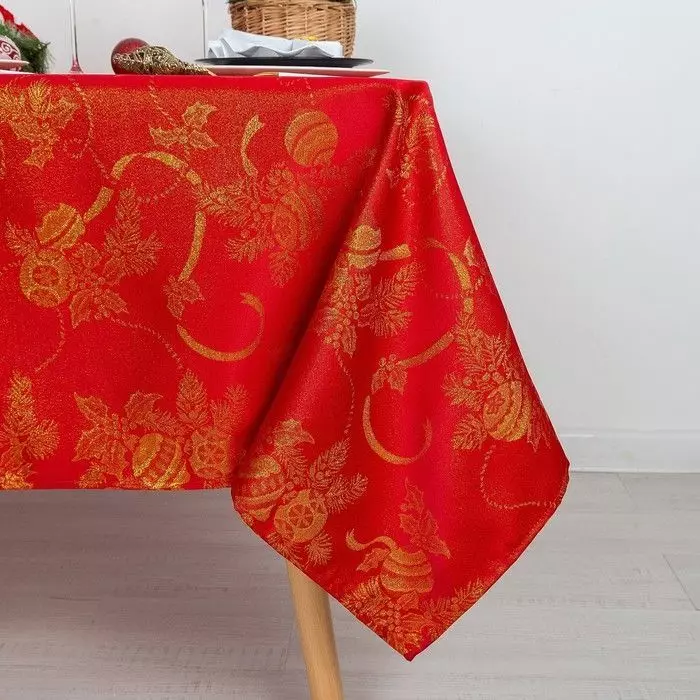 I-Red Tablecloths: etafuleni eliyindilinga 180 cm futhi unxande, emakhelwaneni nasemathebeni le-monochrome. Izindlela zokusebenza. Ilineni indwangu yetafula eneziqhwa zeqhwa nezinye izinketho 21598_9