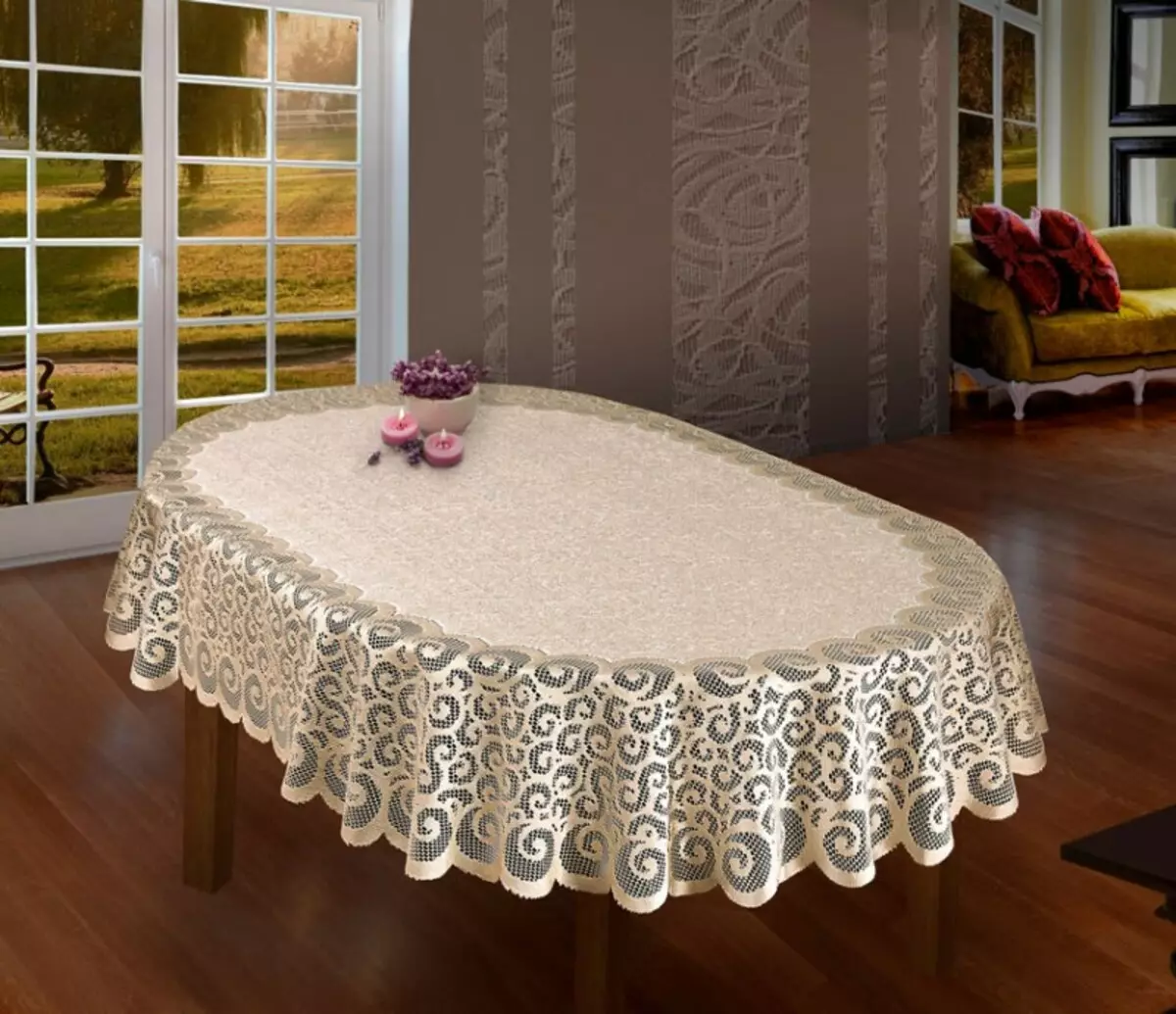 Jacquard Tablecloths: Yakovlevsky Jacquard dan Openwork Tablecloths dari Poland, Pengilang lain tisu tisu. Model Oval Putih dan Pilihan Lain 21600_24