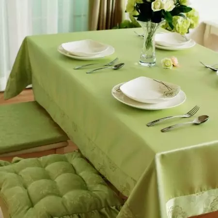 녹색 식탁보 : 테이블 및 회색 녹색, 설정 옵션에있는 어두운 녹색 모노 포닉 식탁보. 인테리어의 린넨 및 자카드, 타원형 및 둥근 식탁보 21601_24