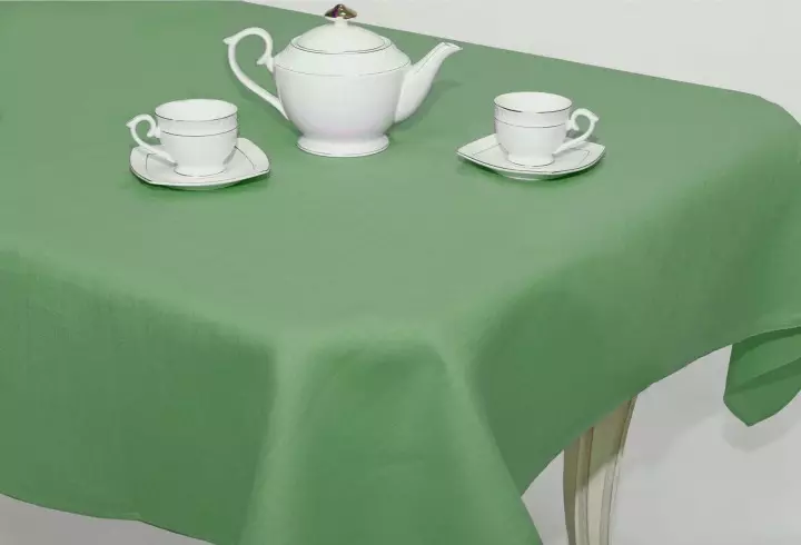 Tabatan héjo: tablecloth acuk héjo dina tabel sareng tebu-héjo, netepkeun. Linen sareng jacquard, bujur sareng tablecloths di pedalaman 21601_5