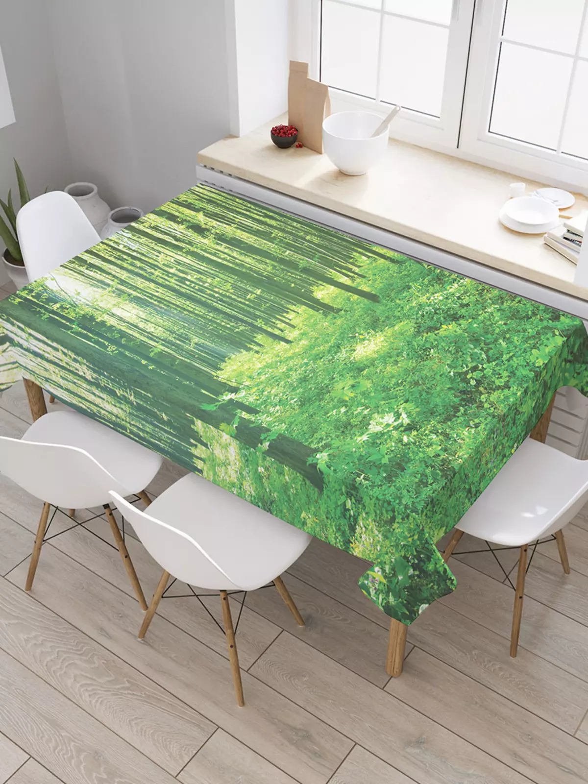 Taplak meja hijau: taplak meja monofonik hijau gelap di atas meja dan kelabu-hijau, pengaturan pengaturan. Linen dan Jacquard, taplak meja oval dan bundar di interior 21601_8