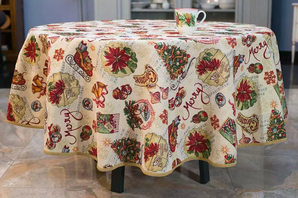 Tapestry Tablecloths: Mula sa Italya at Espanya, bilog at hugis-itlog na tablecloths sa talahanayan, maligaya at kaswal na mga modelo, 160x220 at iba pang mga sukat 21606_13