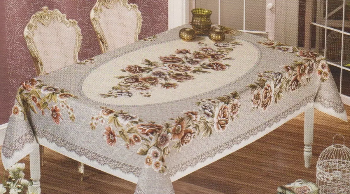 Tapestry Tablecloths: Mula sa Italya at Espanya, bilog at hugis-itlog na tablecloths sa talahanayan, maligaya at kaswal na mga modelo, 160x220 at iba pang mga sukat 21606_17