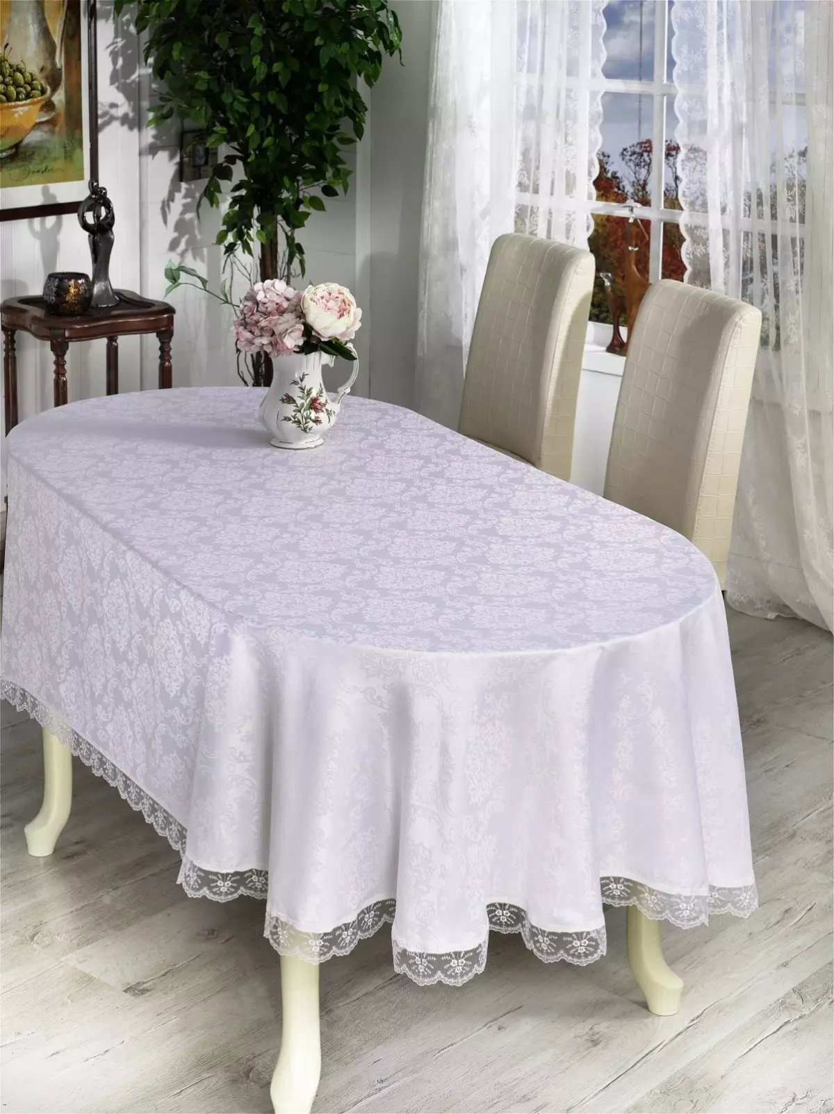 თეთრი tablecloths (35 ფოტო): თოვლი თეთრი tablecloths მაგიდაზე ბამბა და სხვები, შავი და თეთრი და სხვა ლამაზი tablecloths 21608_9