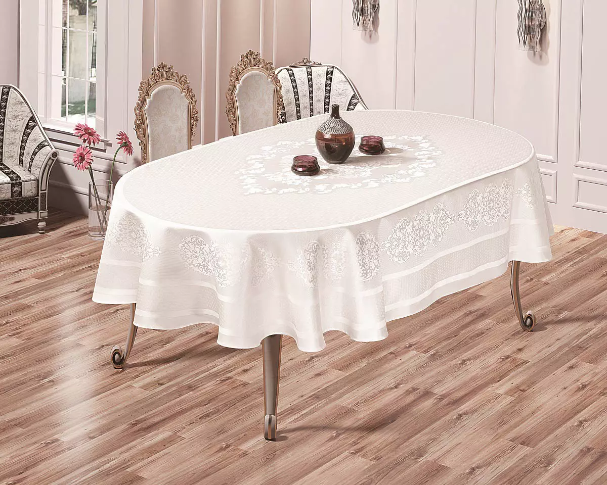 میز پر میڈیا Vinyl میزپوش: گول اور بیضوی. کس طرح باورچی خانے کے لئے tablecloths کے ہموار کرنے کے لئے؟ کھوکھلی اور fliselin اور فلالین بیس، دوسرے پرجاتیوں پر سفید 21612_24