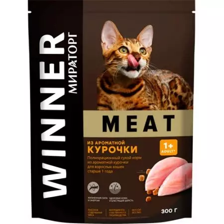 Zwycięzca paszowy: sucha kanał z Miantorg dla zwierząt i mokrych, dodatkowych mięsa i innych kanałów, ich skład. Recenzje recenzji 21637_11