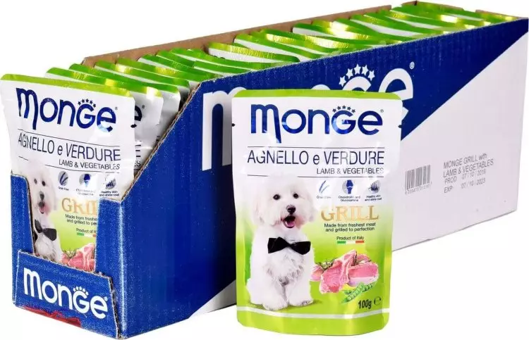 Monge Pes Feed: Zloženie konzervovaných potravín (mokré psie) a suché krmivá, pakety 12-15 kg. Posolový krém s jahňacím psom Bwild Obilie zadarmo a ďalšie produkty, recenzie 21642_4