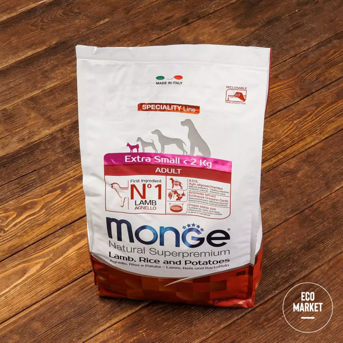 Alimentación Dry Monge para cans: composición. Alimentación italiana con cordeiro e arroz, con coello e outros produtos para cans adultos e cachorros 21646_3