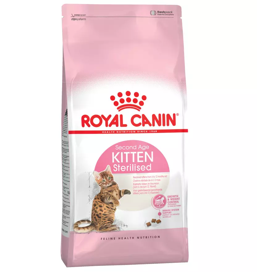 Aliments secs per a kittens Royal Canin: composició de gatets fins a 12 mesos, alimentació per gatets esterilitzats. Va a olorar? dosificació 22012_13