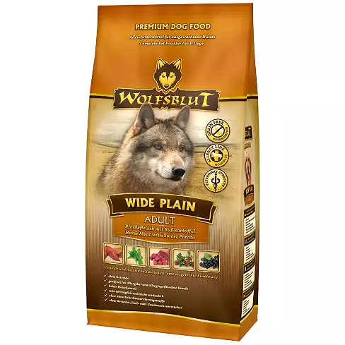 Aliments per a gossos Wolfsblut: per a cadells i gossos adults, la composició dels aliments secs per a gossos amb un llop en l'envàs. Feed per a gossos de races grans petites, mitjanes i grans. Referentacions 22014_22