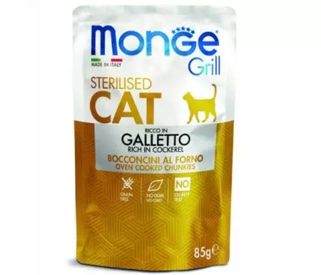 Monge za sterilizirane mačke: suha krma Cat sterilizira 10 kg in njihova sestava, pajki za kastrirane mačke. Hranite se z govejim in postrvi, raca in piščanca. Ocene 22016_19