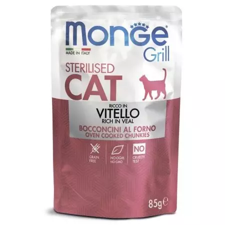 Monge za sterilizirane mačke: suha krma Cat sterilizira 10 kg in njihova sestava, pajki za kastrirane mačke. Hranite se z govejim in postrvi, raca in piščanca. Ocene 22016_20