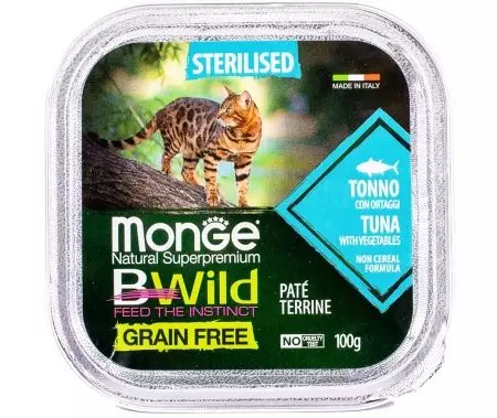 Monge za sterilizirane mačke: suha krma Cat sterilizira 10 kg in njihova sestava, pajki za kastrirane mačke. Hranite se z govejim in postrvi, raca in piščanca. Ocene 22016_21