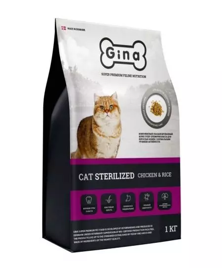 Gina feed: Foar katten en hûnen, droege elite en oare produkten. Gearstalling fan iten foar kittens en folwoeksen katten, katfisk foar sterilisearre bisten 22022_8