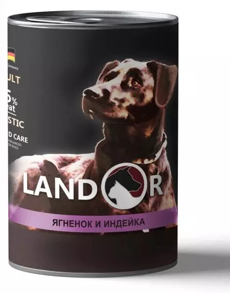Alimente pentru câini Landor: Pentru rasele mici, mari și medii, pentru cățeluși. Alimente uscate și umede, compoziția lor. Care este mâncarea gratuită mai bună decât altele? Recenzii 22032_14
